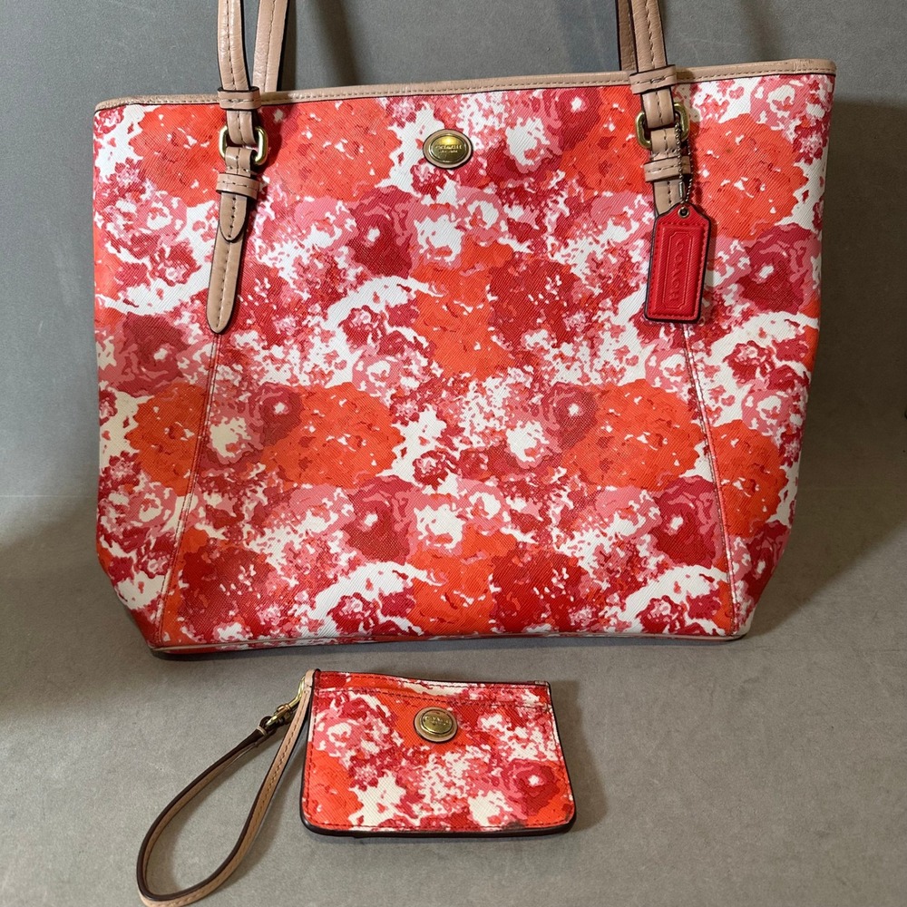 Coach City Tote and Mini Skinny ID Case Set Red Pink Floral Watercolor Leather